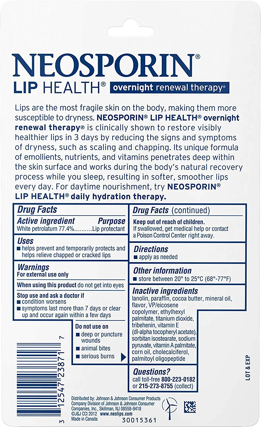 Neosporin Lip Health Overnight Renewal Therapy, 0.27 Oz, Pack of 2
