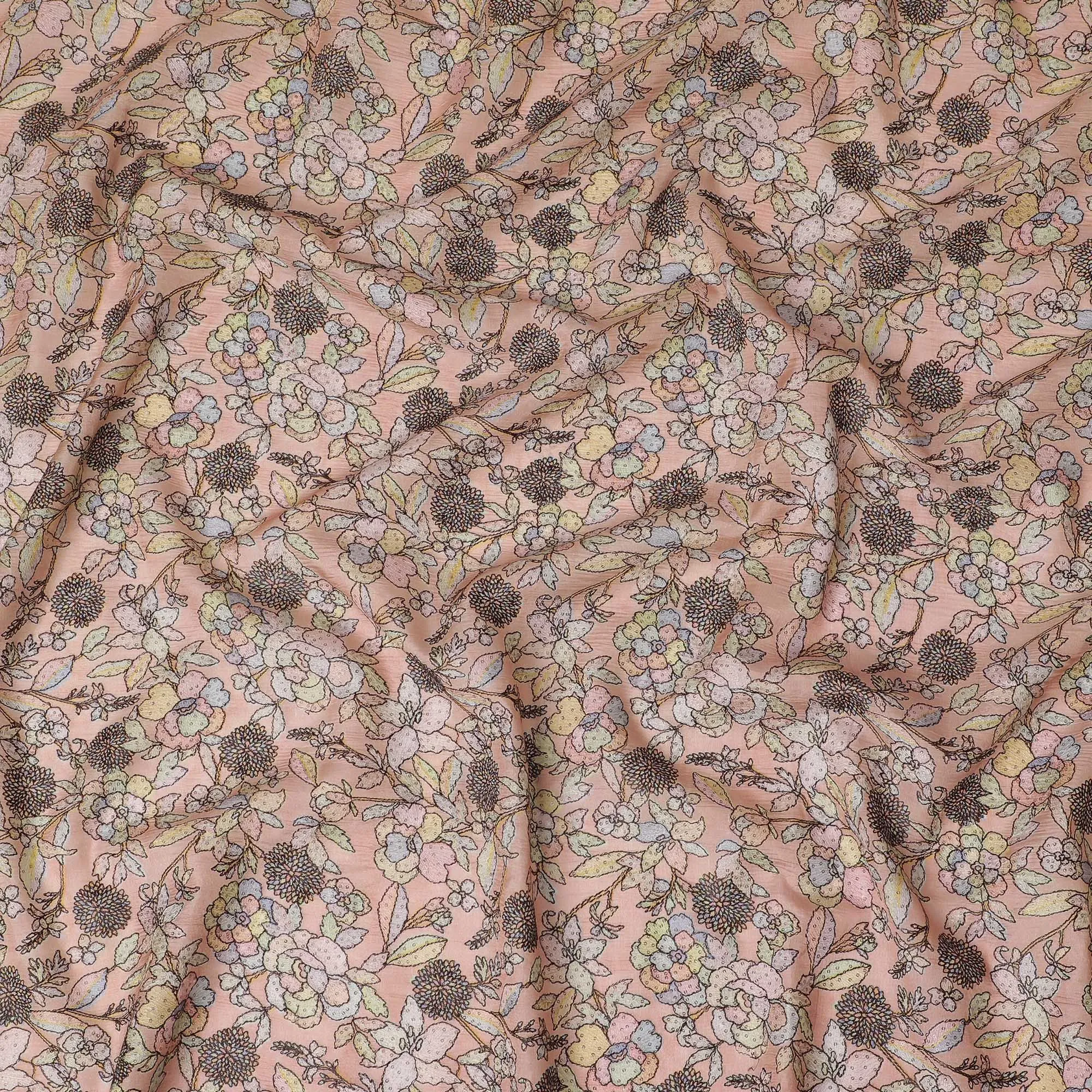 Peach Blush Tussar Silk Fabric with Intricate Floral Print, 110cm Width - Crafted in India-D17918