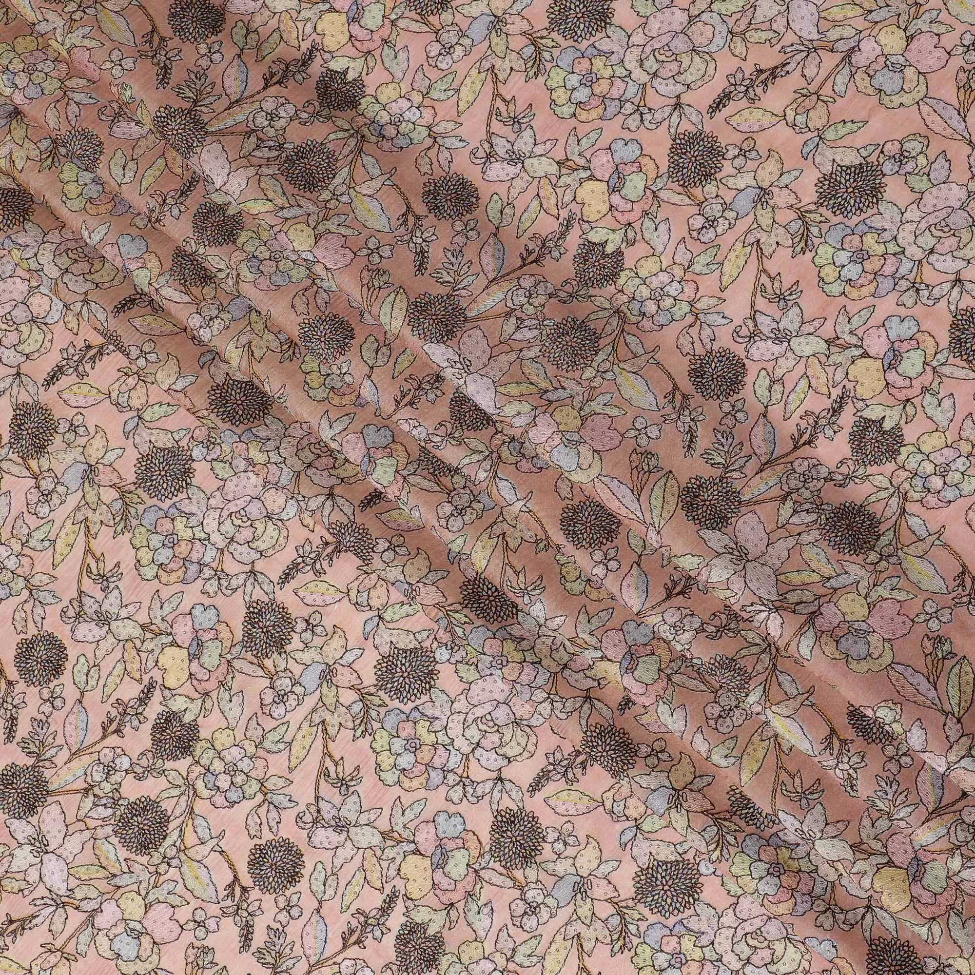 Peach Blush Tussar Silk Fabric with Intricate Floral Print, 110cm Width - Crafted in India-D17918