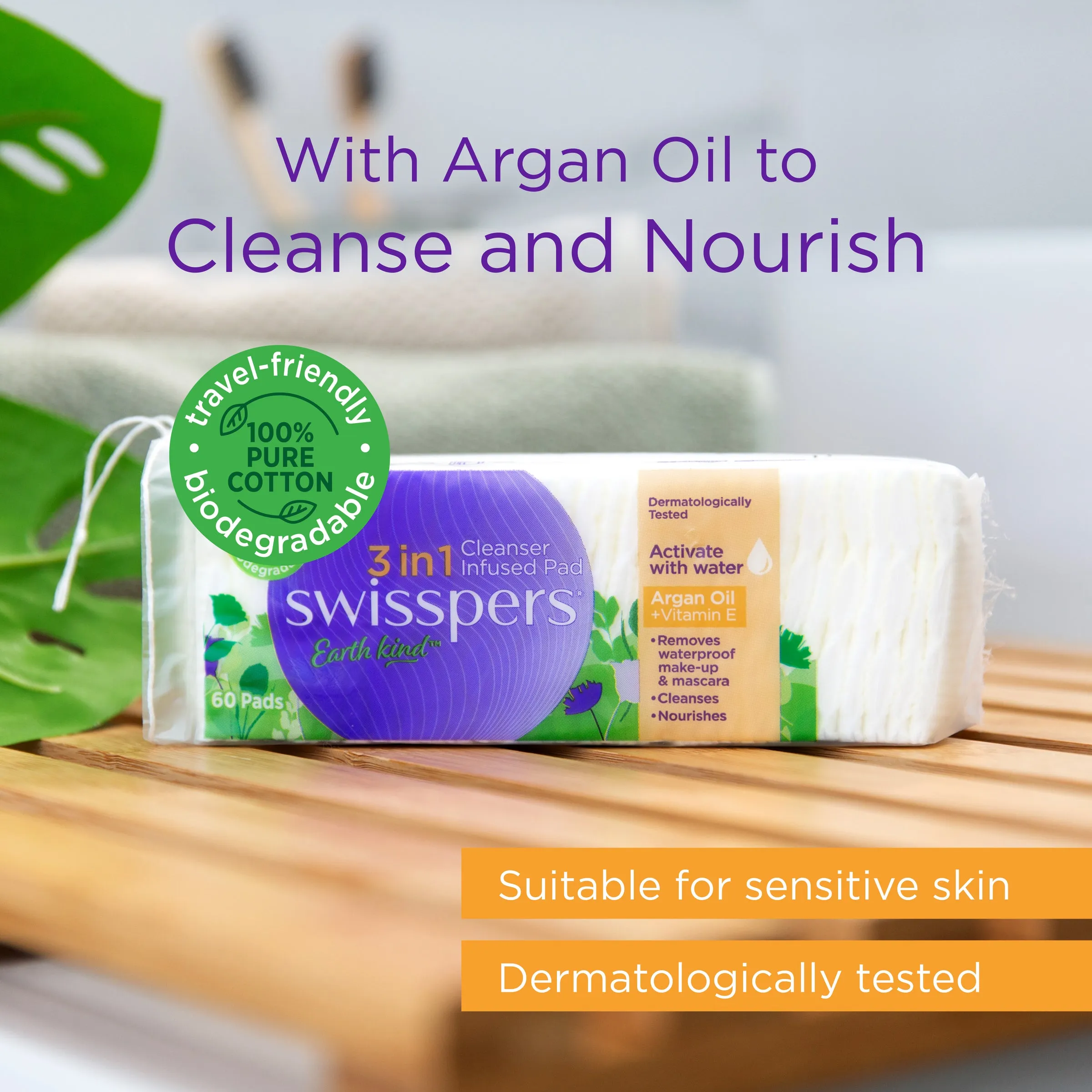 Swisspers Earth Kind 3in1 Cleanser Infused Pads - Argan Oil & Vitamin E